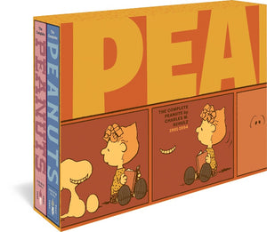 The cover to Peanuts Volume 21 and 22 gift box set, featuring three panels from the book. In the first, Snoopy sits next to Sally, who is reading a book. His eyes and most of his features, except his smile, are missing. In the second, Sally sees his smiling floating in the air without the rest of his body. In the third, only his eyes appear.