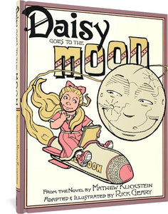 The cover to Daisy Goes to the Moon, featuring an illustration of Daisy, a young girl seated on a rocket ship whizzing around a smiling moon. In one hand she holds a notebook, and in the other she holds a pencil close to her face with a thoughtful look.