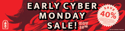 A graphic advertising Fantagraphics' Early Cyber Monday sale, running November 25 and offering 40% off just about everything plus free domestic shipping on all orders of $75+.