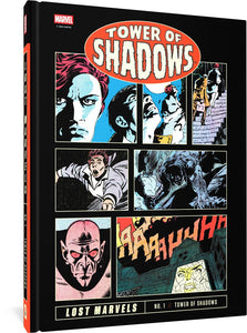 The cover to Lost Marvels No. 1: Tower of Shadows, featuring a series of panels from the series. The panels feature people looking in horror, strange creatures, and an extended scream sound effect.