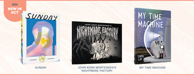 A selection of new releases from Fantagraphics for October 2024, including Sunday by O. Schrauwen, John Kenn Mortensen's Nightmare Factory, and My Time Machine by Carol Lay.