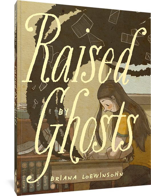 The cover to Raised by Ghosts, featuring the title in a large script font over an illustration of a young woman writing at a desk, a smile on her face. From her pencil erupts a black, smoke-link figure containing scraps of paper that swirls upward and away from her.