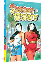 Load image into Gallery viewer, The cover to Santos Sisters Vol. 1, featuring the two sisters standing shoulder-to-shoulder in front of a California-esque background of palm trees. Both sisters have long dark hair and shapely figures and wear blank white masks with yellow slits for their eyes. One sister wears a tight white bodysuit with a blue skirt and gold accents, including a cape, while the other wears a red halter dress with a gold belt and cape.
