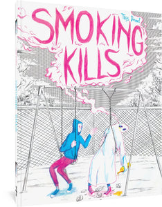 The cover to Smoking Kills, featuring a ghost and a skeleton in a hoodie and jeans sitting on a swingset. The ghost appears passed out with a bottle hanging from its hands and trash beneath its feet. Smoke leaks out through its eye to surround the book's title. The skeleton reaches toward the ghost but does not quite touch it.