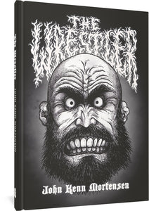 The cover to The Wrestler, featuring the title in a font reminiscent of a metal band's logo, and the title character, a grimacing, bald, bearded man with his teeth bared at the viewer.