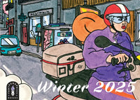 A panel from Season of the Roses, showing a young woman riding a scooter. The Fantagraphics logo and "Winter 2025" are printed over the top of the image.